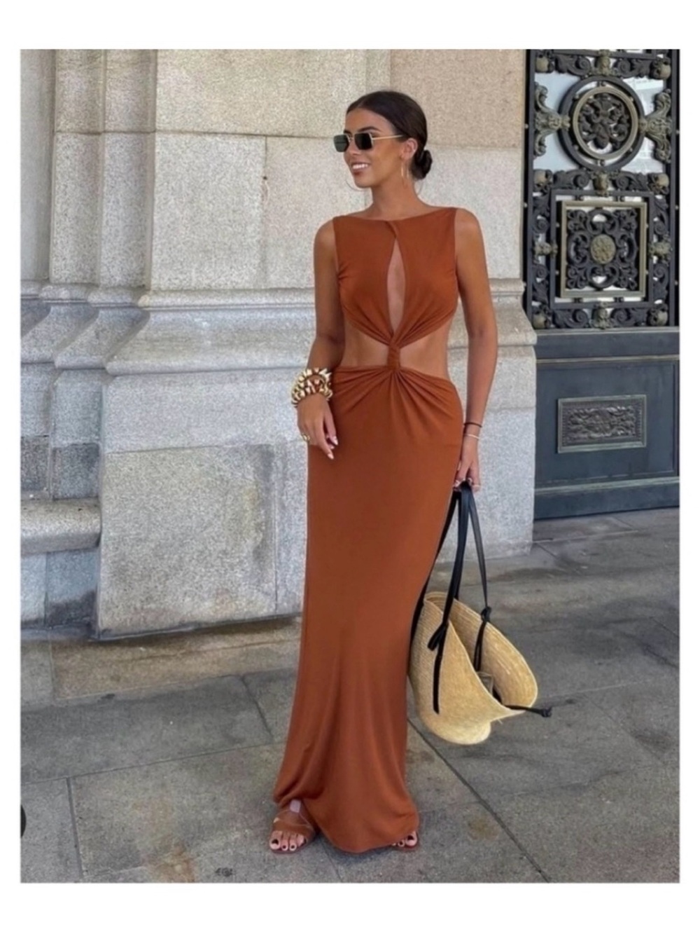 ZARA BROWN OPEN BACK CUT-OUT DRESS SIZE XS